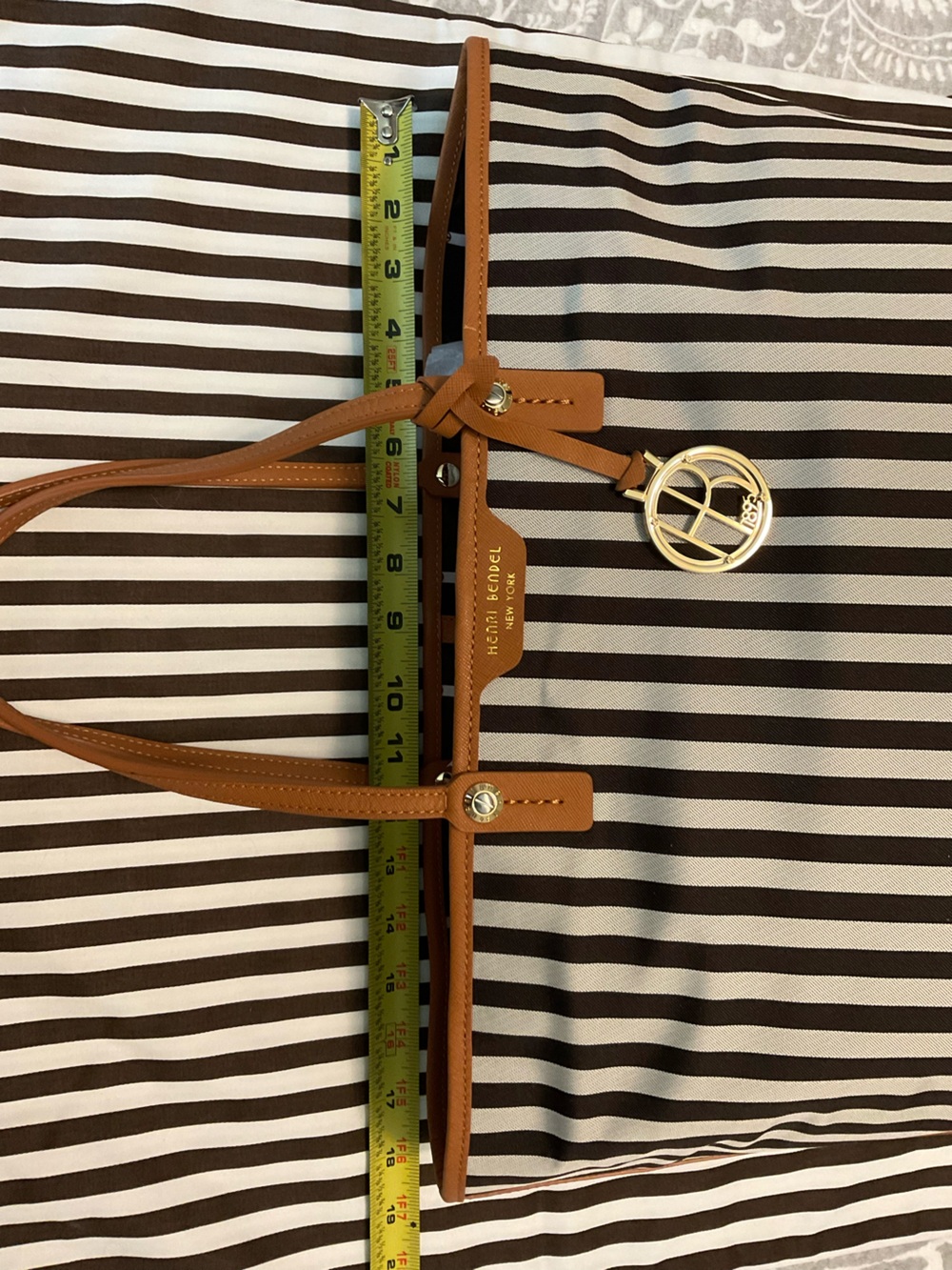 Henri Bendel Mink and Silver Premium Stripe Tote with  Chestnut Saffiano Trim - Picture 16 of 16